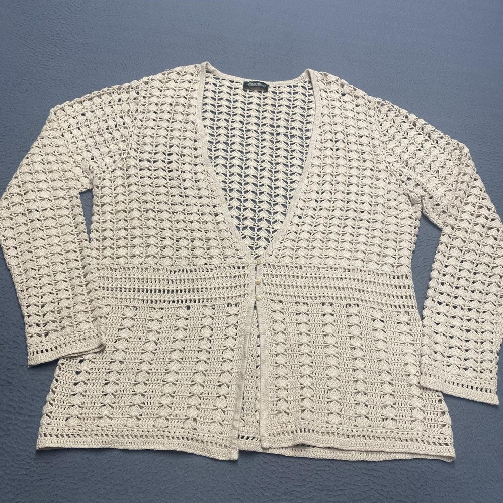 Eddie Bauer Sweater Cardigan Womens Medium White Hand-Crocheted V Neck Cotton
